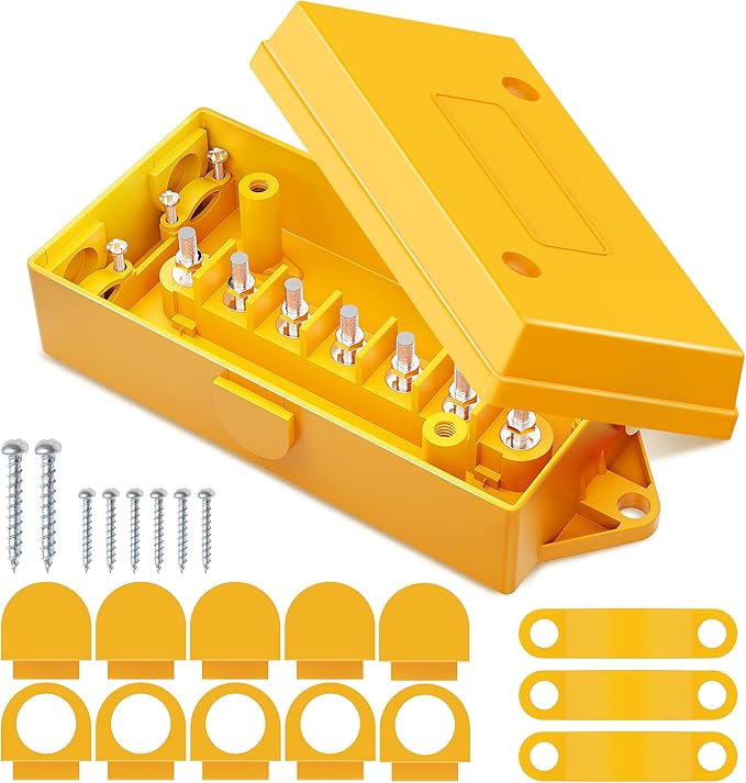 MICTUNING 7 Way Electrical Trailer Junction Box - 7 Gang Trailer Wire Connection Box Weatherproof for Rewiring Camper RV Caravans Boat Light, Yellow Cover