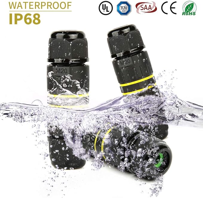 3 Pole Wire Connector Waterproof IP68 External Electrical Junction Box,M20 for Ø5-12mm Wire Range(AC 400V, 24A),UL,2 Way 3Pin 5Pack