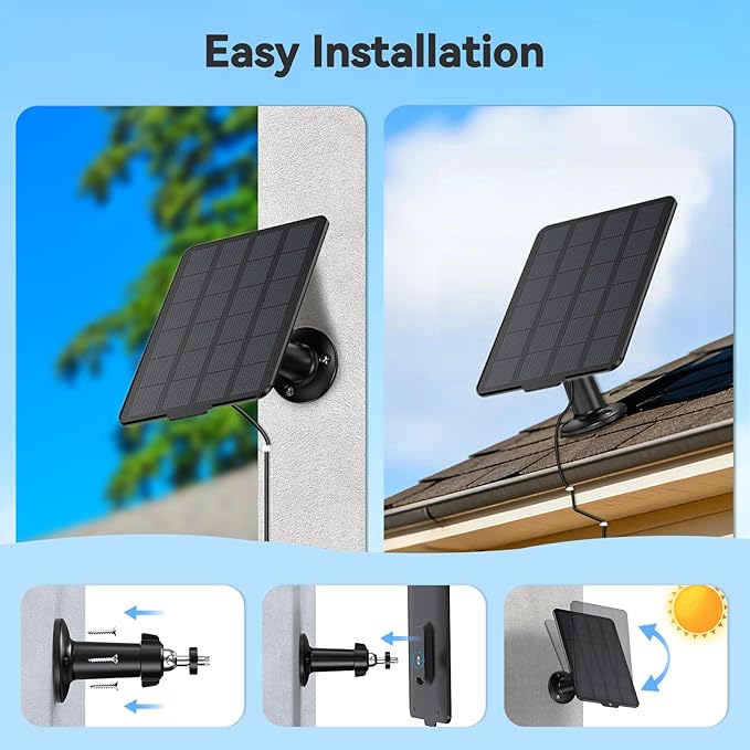 3W Solar Panel for Battery-Powered Security Cameras,USB-C & Micro USB Solar Charger for Wireless Outdoor Cameras,IP65 Waterproof, 9.8ft Cable, 360° Adjustable Mount (Black, 2 Pack)