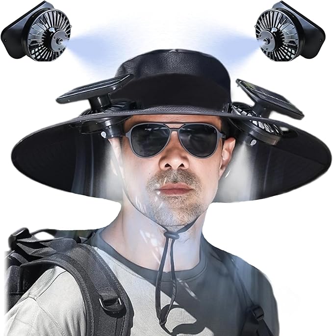 Solar Fan Hat with Mist, Mens Wide Brim Solar Power Fans Hat with Built in Fan, USB Solar Charging for Outdoor Fishing