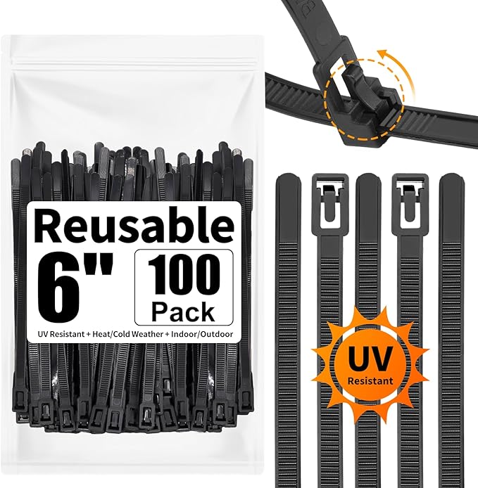 SOOOEC 100 Pack Reusable Zip Ties 6 inch Heavy Duty Outdoor UV Resistant, Releasable Black Zip Ties Indoor Round Ending No Hurt, Cable Ties Reusable Tie Wraps Non Slip Off