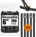 SOOOEC 100 Pack Reusable Zip Ties 6 inch Heavy Duty Outdoor UV Resistant, Releasable Black Zip Ties Indoor Round Ending No Hurt, Cable Ties Reusable Tie Wraps Non Slip Off