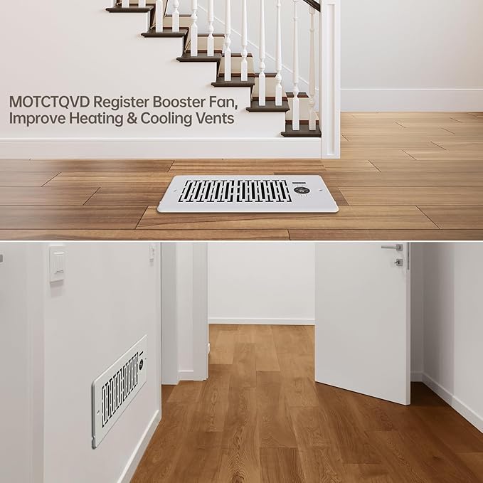 Register Booster Fan Fits 4” x 10” Register Holes, Quiet 10-Speeds, Improves Heating & Cooling Vents, Register Vent Booster Fan with Remote & Thermostat Control, Deep White
