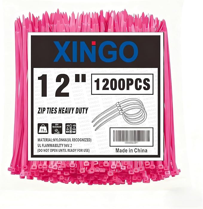 XINGO 12 Inch Pink Zip Ties 1200 PCS, 75 LBS Ultra Strong Tensile Strength, UV Resistant Cable Ties, Self-locking Plastic Ties for Indoor and Outdoor Use