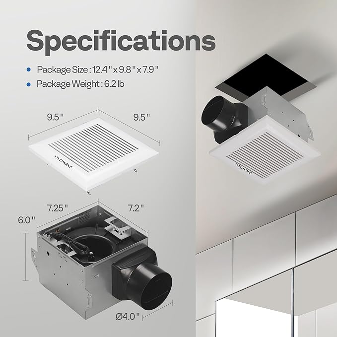 VIVOHOME Ultra-Quiet 80 CFM Bathroom Exhaust Fan, 1.5 Sone 95 Sq.Ft Coverage, 4'' Duct Ceiling Mount, White Shower Ventilation Fan