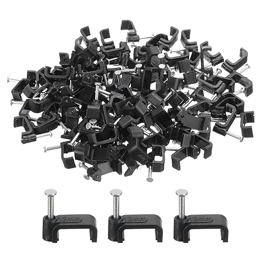 uxcell 100Pcs Cable Clips with Steel Nails 12mm Square Wire Clip with Steel Nail for Cable Holder Cable Management Desk Organizers Wall, Black
