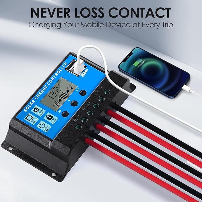 FLYING LION 30A12V/24V Solar Charge Controller PWM Solar Panel Regulator with Adjustable LCD Display Dual USB Port Timer Setting PWM Auto Parameter