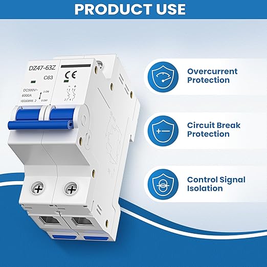 DC Circuit Breaker 63A 2P 500V, Miniature Disconnect Switch for Solar PV System, MCB Thermal Magnetic Trip with DIN Rail Mount C63