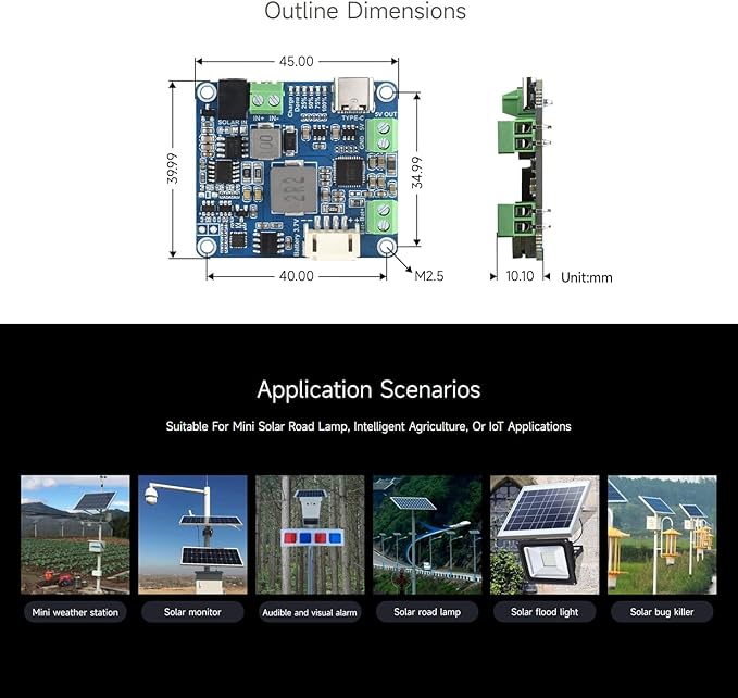 Waveshare Solar Power Manager Module (D), Solar Charge Controller USB, Supports 6V~24V Solar Panel and Type-C Power Adapter, 5V/3A Regulated Output, with Battery Holder (Batteries are Not Included)
