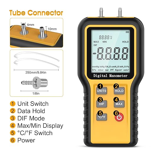 Digital Manometer Gas Pressure Tester with ±0.3% FSO Resolution, Differential Pressure Gauge with 12 Optional Units, Portable Air Pressure Gauge with LCD Backlight.