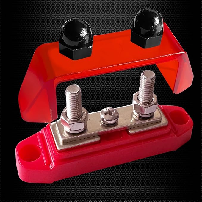 Ampper 1/4" Power Distribution Block Bus Bar 12V 150A, Dual Studs M6 Busbar Battery Junction Post Distribution Block with 1 x M4 Screw Terminal (Red and Black)
