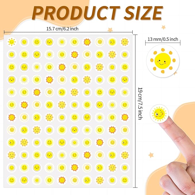 2400 Pcs Small Stickers for Kids,Mini Sun Sticker Cute Smile Face Paper Decals 10 Designs Yellow Self-Adhesive Stickers for Summer Party Envelopes Scrapbook Gifts DIY Supplies,0.5in（Sun）