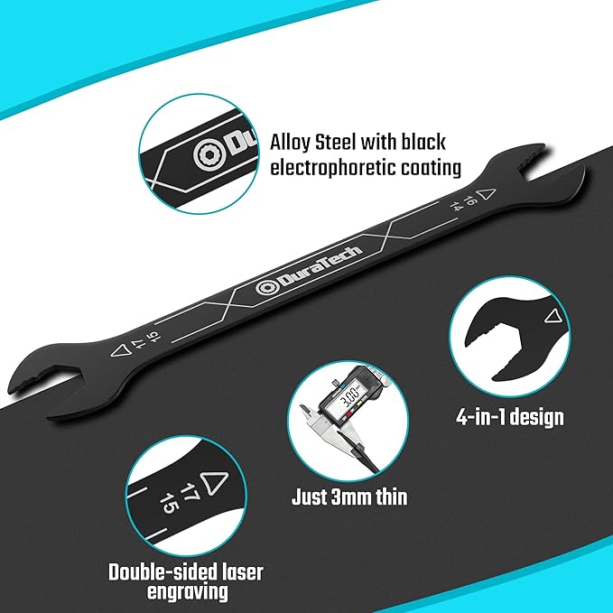 DURATECH 4-in-1 Super-Thin Open End Wrench Set, 3-Piece, 12 Sizes, Metric, Range from 6 mm to 17 mm, Ultra-Slim Wrench Set for Tight Spaces and Thin Nuts, Rolling Pouch Included