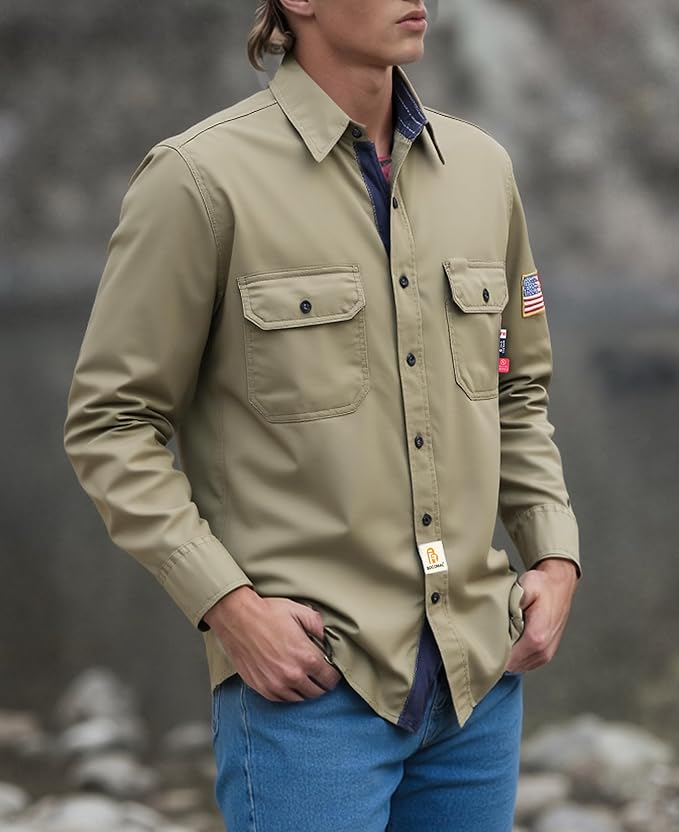 BOCOMAL FR Shirts for Men Flame Resistant Light Weight NFPA2112 Fire Retardant Welding Shirt Water & Oil Repellent Finish