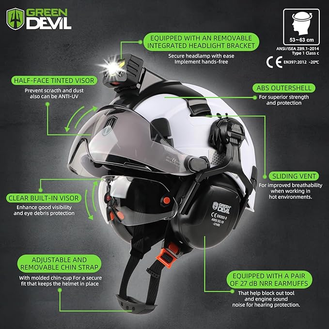 GREEN DEVIL Hard Hat Safety Helmet with Rechargeable Headlamp Light and Visor Ear Muffs Vented Work Hardhat ANSI Z89.1 Cascos De Construccion for Industrial Construction Forestry