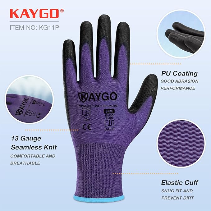 KAYGO Work Gloves for Men and Women,12 Pairs Seamless Knit PU Coated Safety Gloves, with Smooth Grip on Palm and Fingers, Ideal for Light Warehouse, Manufacturing, Gardening, KG11P (XS, Purple)
