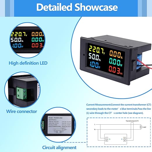 AC Power Meter, 40-300V 100A Digital Multimeter with Color LCD Display, Voltage Current Power Factor Frequency Energy Monitor, Ammeter Voltmeter Tester for 110V/220V, Volt Amp Watt Detector Panel