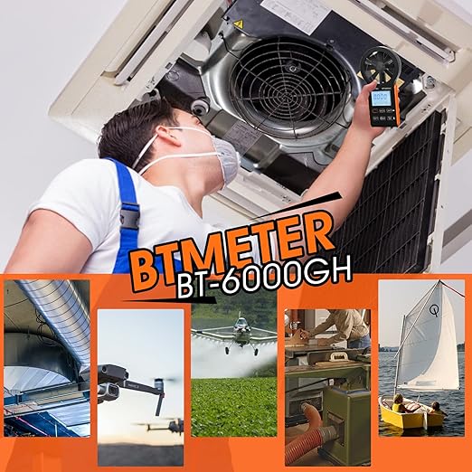 BTMETER Anemometer CFM Wind Meter, Air Flow Gauge Measure Wind Speed 0.3~30m/s, Monitor Airflow Volume 0-999900 ft3/min for HVAC Duct Air Vent, Touch-Screen Windometer 6000GH