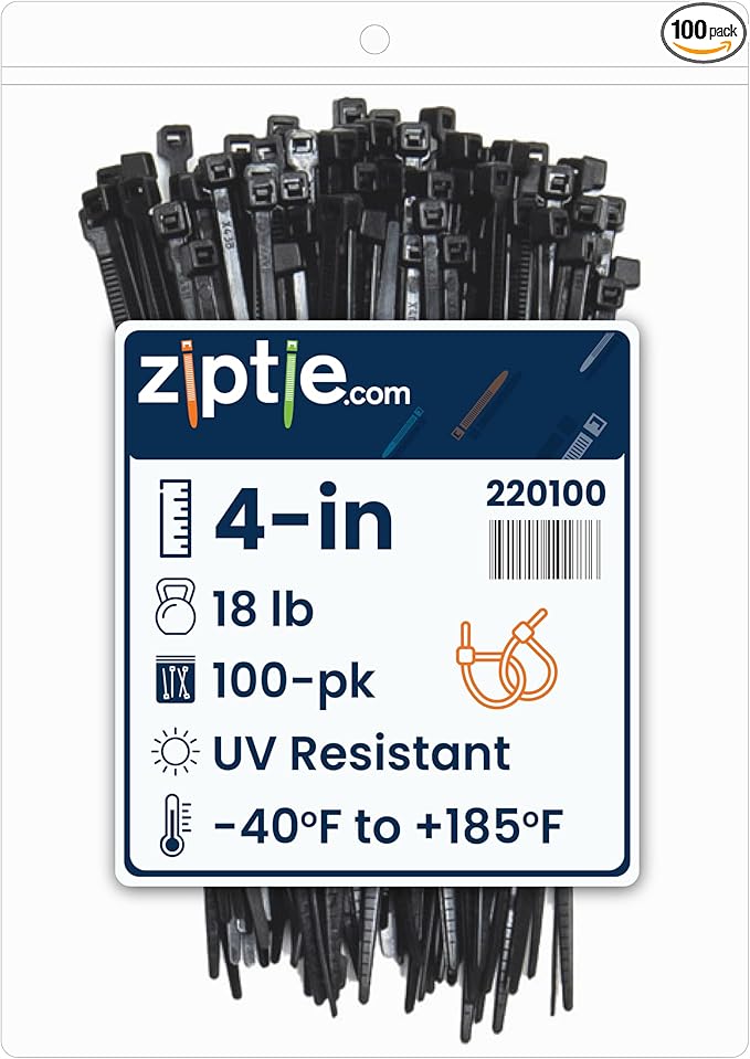 ZipTie.com 4-Inch Black Multi-Purpose Zip Ties - 18-lb Tensile Strength Cord Management - UL 21 Listed Tie Wraps - UV Resistant, Indoor & Outdoor Multi-Purpose (100-Pack)
