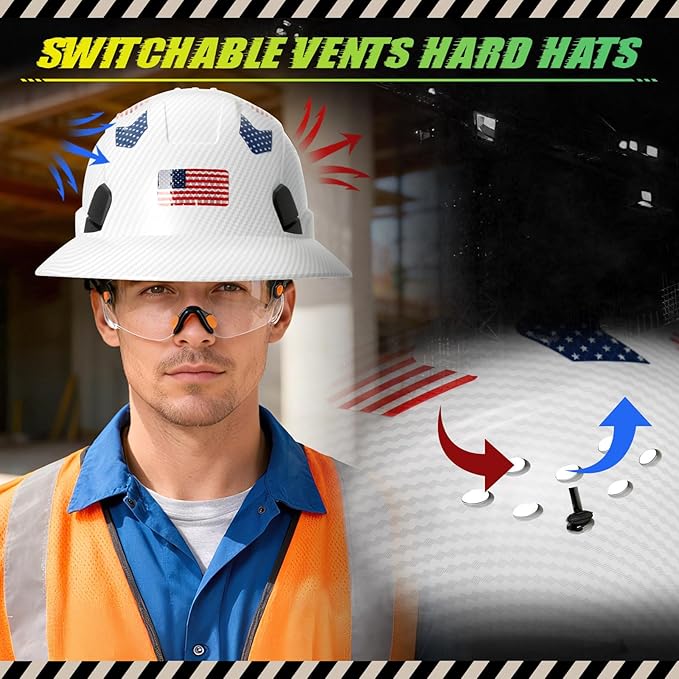Carbon Fiber Pattern Full Brim Hard Hat with Visor-OSHA Approved Construction Safety Helmet for Men Women,ANSI Z89.1 Vented Reflective Hardhat with Hard Hat Chin Strap,6-Point Suspension
