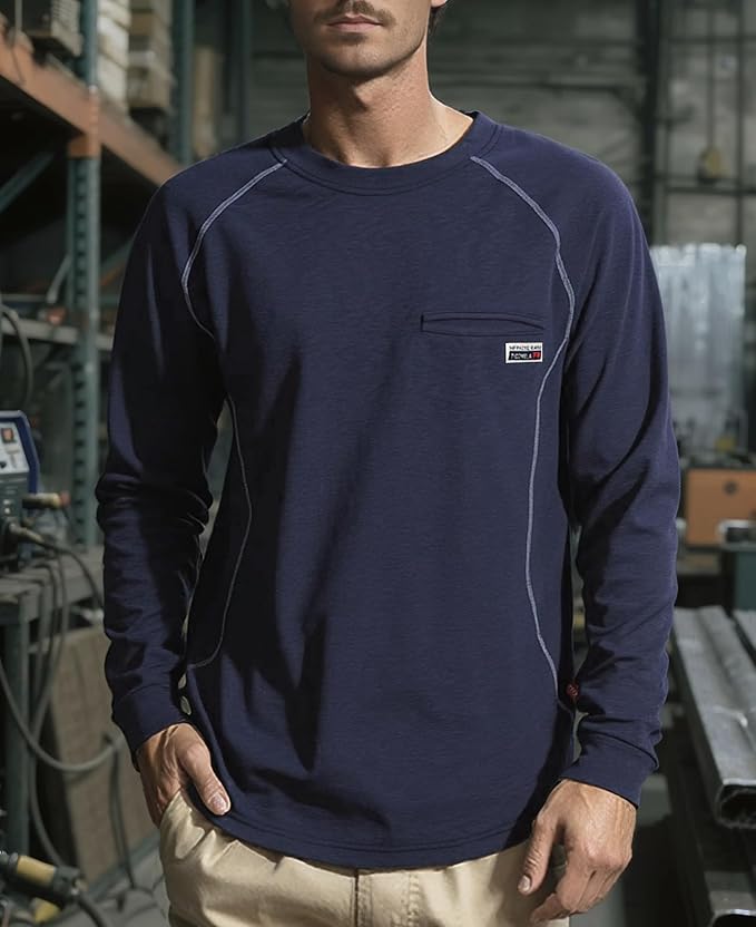 TICOMELA FR T-Shirt, Flame Resistant, Stretch Fit, Hidden Pocket, 6oz Crew Neck Work Shirt for Men 100% Cotton