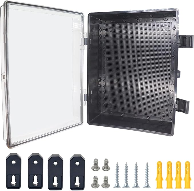 Junction Box, Hinged Black Clear Cover IP67 Waterproof ABS Project Box with Mounting Plate Electrical Box Enclosure with Wall Bracket 15.7 x 11.8 x 6.7inch(400x300x170mm)