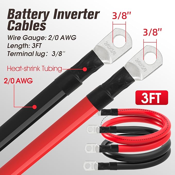 2/0 AWG Battery Cable 2/0AWG Gauge Battery Inverter Cables for Automotive Solar Marine Boat RV Car Motorcycle (2/0 AWG, 3FT, 3/8")