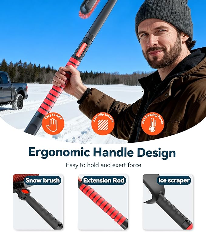 All-Around High-Efficiency Cleaning 39 inch Extendable Snow Brush and Ice Scraper with Squeegee, Shovel, Ice Scrapers for Car Windshield, Truck, SUV Snow Removal Tool, Winter Car Accessories