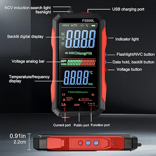 FS899L Digital Multimeter with Color Screen, USB C Rechargeable Electrical Testing, 6000 Counts True RMS AC/DC Voltage Tester, NCV, Capacitance, Non Voltage Detector for Car, Home(FS899L)
