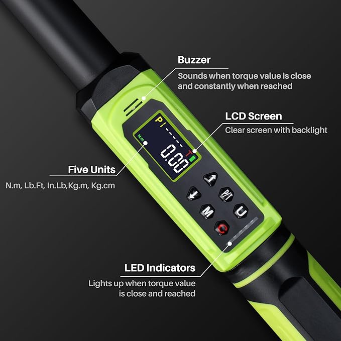 Digital Torque Wrench 3/8"Drive-1.5-99.6Ft.Lb/2.02-135N.m,Electric Torque Wrench With Vibration Buzzer LED Indicator,±2% Accuracy Five Units for Bike Motorcycle Car Auto Repair,DIY,Green Black