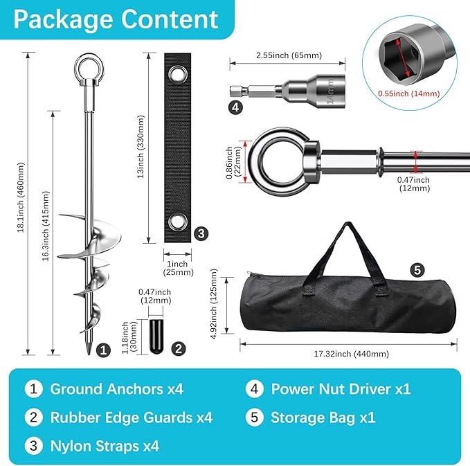 Phopich 18'' Ground Anchors, Fully Welded Heavy Duty Ground Anchors Screw in Swing Set Anchors Chrome Plating Anti Rust Ground Anchor with Straps for Dogs, Trampoline Stakes Resistant High Wind 4 Pack