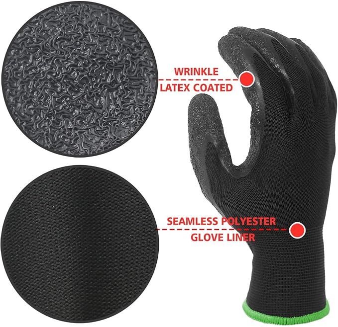 Evridwear Crinkle Latex Rubber Hand Coated Safety Work Gloves for Men Women General Multi Use Construction Warehouse Gardening Assembly Landscaping,Black X-Large 12 Pairs Pack