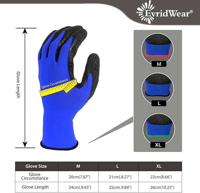 Evridwear Crinkle Latex Rubber Hand Coated Safety Work Gloves for Men Women General Multi Use Construction Warehouse Gardening Assembly Landscaping (X-Large,Blue- 12Pair)
