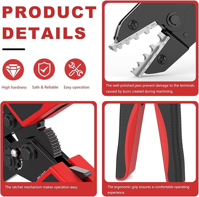 Newdeli Wire Crimping Tool for Non Insulated Butt Wire Connectors - AWG 22-6 Ratchet Wire Crimper Tool Electrical Non Insulated Ring Terminals Ratcheting Crimping Plier Crimp Tool