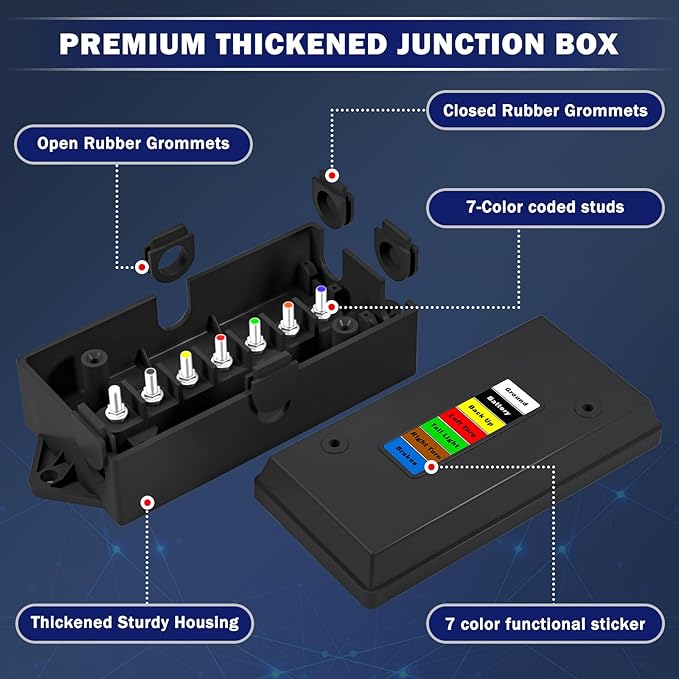CheeMuii 2 Pcs 7 Way Trailer Junction Box Weatherproof 7 Pin Trailer Wiring Box 7 Color-Coded Electric Wires Connection Box for RV Camper Trailer Light Rewiring