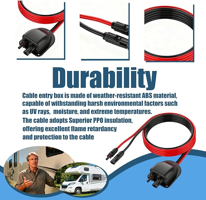 Solar Cable Entry Gland with 10FT 10AWG Solar Extension Cable MC4 Connectors Solar Junction Box Fit for RV Boat Camper & Van Lnstallations Tinned Copper Wire