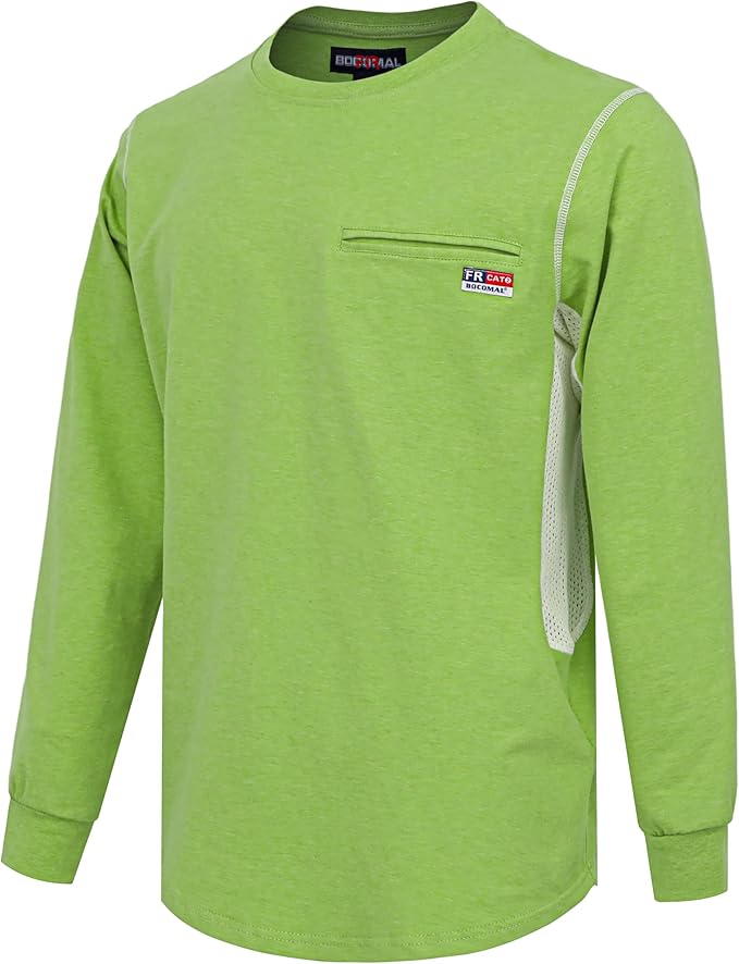 BOCOMAL FR Shirts for Summer Breathable Vented Design 6oz Heather Jersey Flame Resistant Long Sleeve Crew T Shirt
