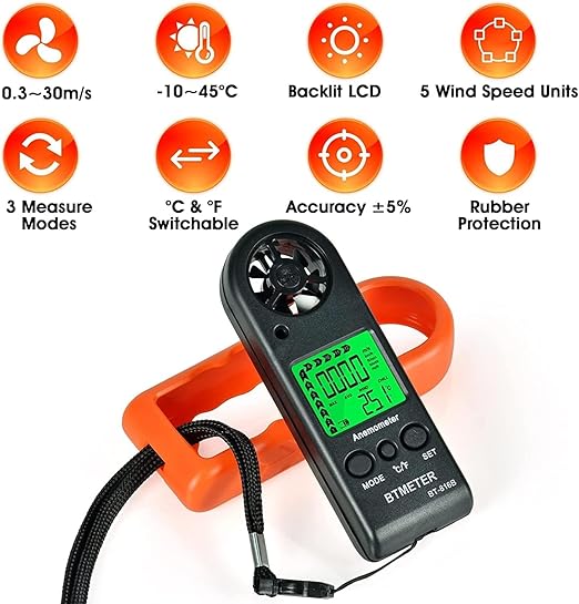 BTMETER Anemometer Handheld Wind Speed Meter, BT-816B Mini Digital Air Flow Meter with LCD Backlight/Wind Chill & Temp, Max/Avg/Current Mode to Measure Air Flow Velocity for Sailing Drone Golf HVAC