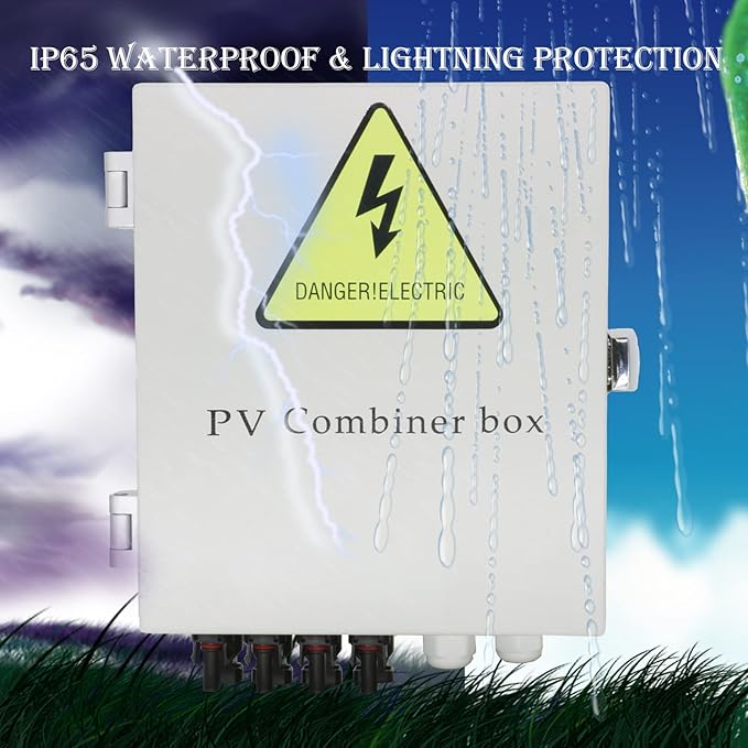 6 String Solar Combiner Box, IP65 Waterproof PV Combiner Box for On/Off Grid Solar System, with Lightning Arrester, 15ARated Current Fuse & 63A Circuit Breaker (Plastic Box)