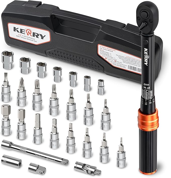 Kerry 1/4 Inch Drive Click 27 PCS Bike Torque Wrench Set, 20-240 LB.IN/2.3-27.1 Nm, Double Scale with Accessories Bit Sockets, 3/8 Adapter Extension Bar Universal Joint Tool for Bicycle Maintenance