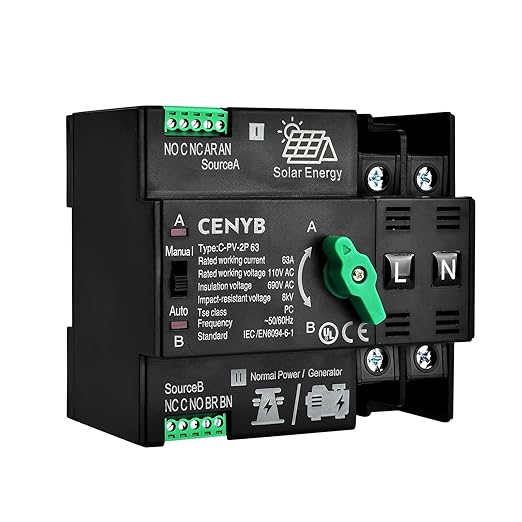 PV - Dedicated Automatic/Manual Transfer Switch Mini ATS Solar Auto Dual Power Switch 2P 63A AC110V Uninterrupted Power Supply DIN Rail Mount Toggle Changeover Module