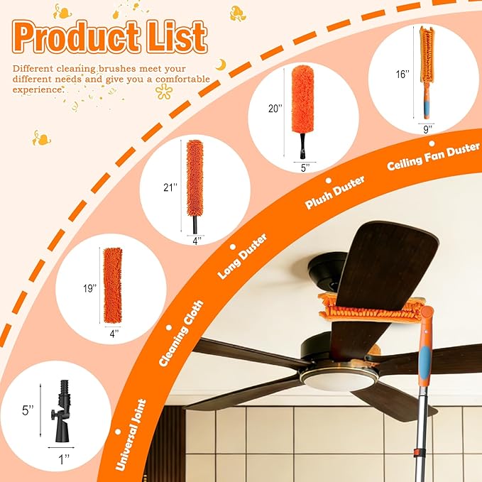 36FT Reach Ceiling Fan Cleaner Duster, Fan Blade Cleaner Kit with 7-30FT Extension Pole, Microfiber Duster & Replaceable Cleaning Cloth for Blades, Ceiling, Furniture