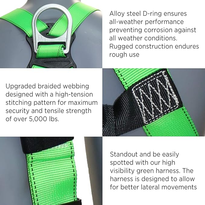 AFP Universal Full-Body Fall Protection Safety Harness with Dorsal D-Ring and Mating Buckle Legs | Roofer, Construction, Scaffolding PPE | High-Visibility Green | Shock Absorbing Lanyard (OSHA/ANSI)