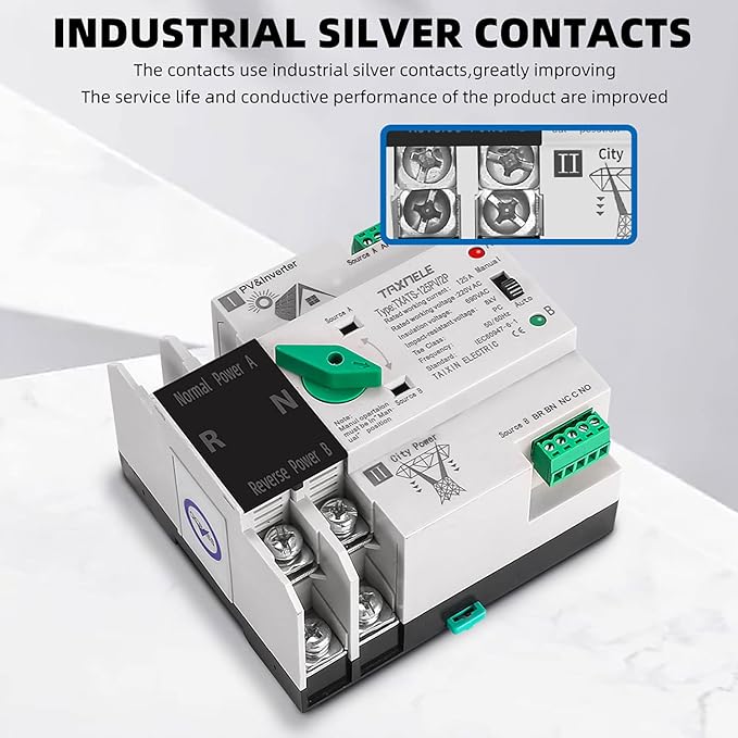 Dual Power Automatic Transfer Switch Selector Uninterrupted Power 2P 63A 100A 125A Photovoltaic Automatic Changeover Toggle Switch Din Rail ATS PV Solar Inverter UPS (63A(PV))