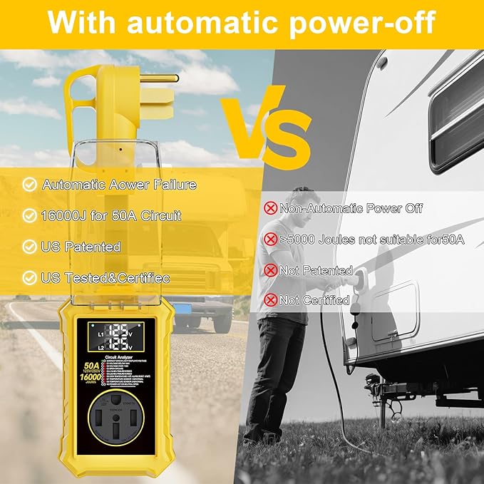 Rv Surge Protectors 50 Amp,16000 Joules Rv Circuit Analyzer with Waterproof Cover Safety Certification Led Display,Rv Voltage Protector for Camper, Travel Trailers (Yellow, 50A)