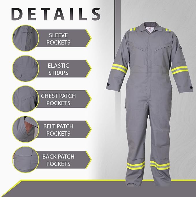 Flame Resistant FR Hi Vis Coveralls for Men NFPA 2112 Complied 7oz Overall for Men Reflective Tape 6 Pockets Coverall