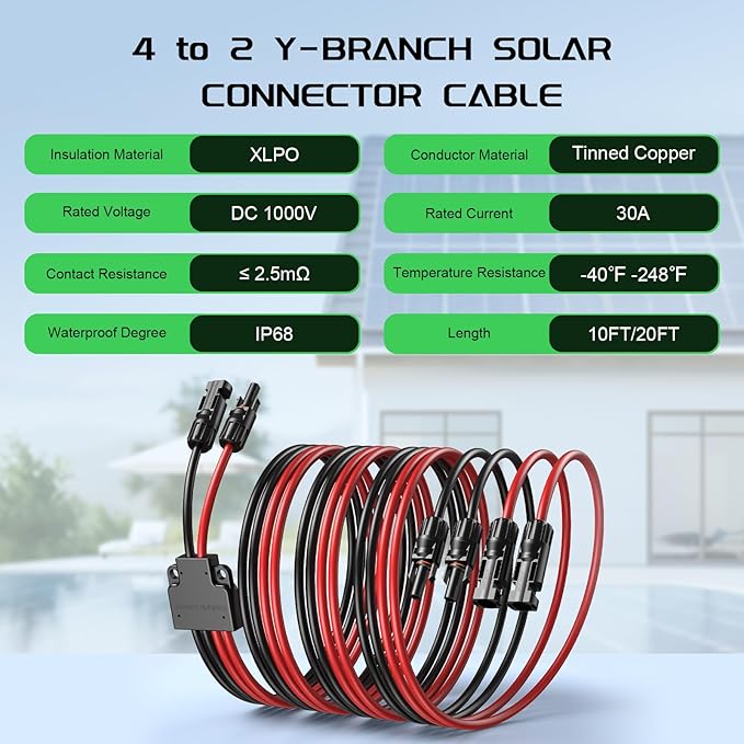 Bateria Power Solar Connectors for 2 Solar Panels, IP68 Waterproof Solar Panel Connectors Splitter, 4 to 2 Y Branch Parallel Adapter for Solar Cable Extension 20FT