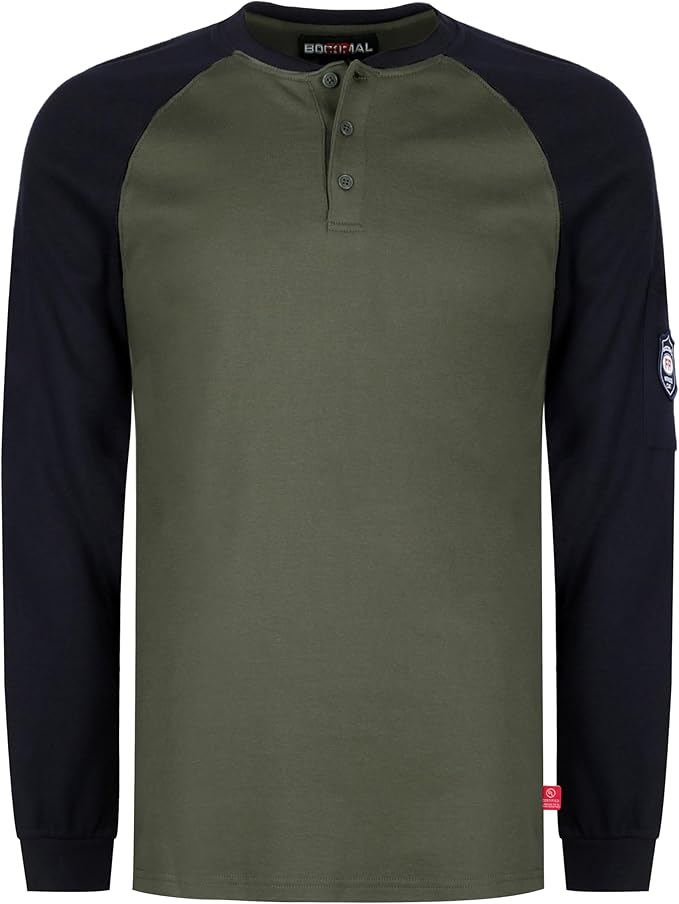 BOCOMAL FR Shirts Henley 7oz Midweight Fire Resistant Clothing NFPA2112 CAT2 Men's Flame Retardant Work Shirt