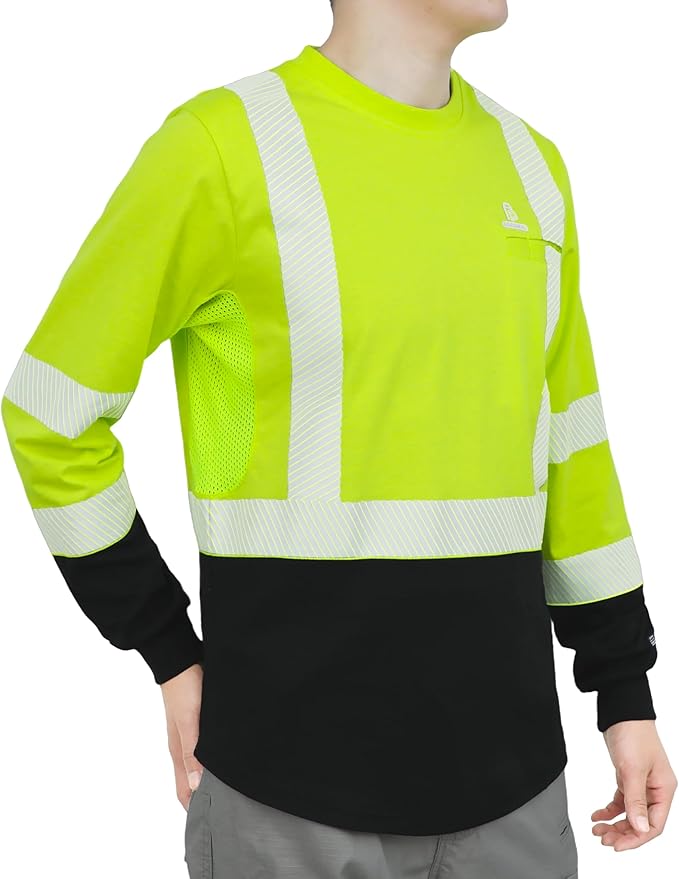 BOCOMAL Reflective FR Shirts High Visibility Summer Vented Mesh Long Sleeve Crewneck Lightweight Flame Resistant Workwear