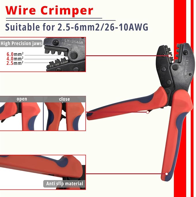 Solar PV Panel Crimping Tool Kit, with 6 Pairs Solar Connectors, Iron Wire Cable Cutter, Solar Spanner Wrenches, Solar Connector Crimper, Works for AWG10-14,2.5/4/6mm²